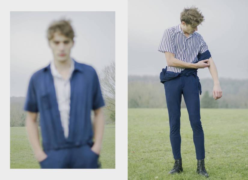 createur mode design paris combinaison en suedine bleue et ceinture à nouer. utilisation de suedine bleue. chemise à rayures bleues et manches courtes. utilisation de jersey à rayures bleues.
